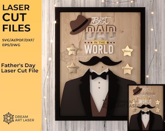 Father's Day laser cut file, Best Dad or Grandpa in the world, personalized gift for father cricut file,  Suit and mustache sign glowforge