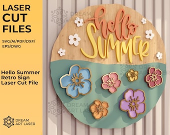 Hello Summer Door Hanger Laser Cut File, Floral Sign (Digital Download)