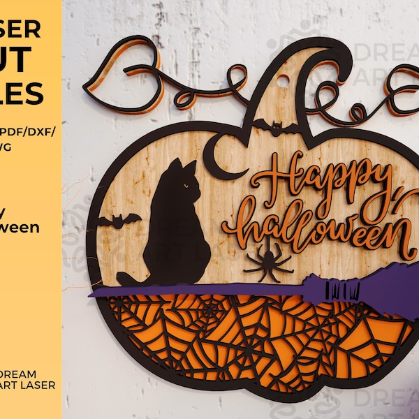 Happy Halloween Sign Laser Cut file, happy halloween door hanger, happy halloween Spider web cat cricut file pumpkin laser ready glowforge