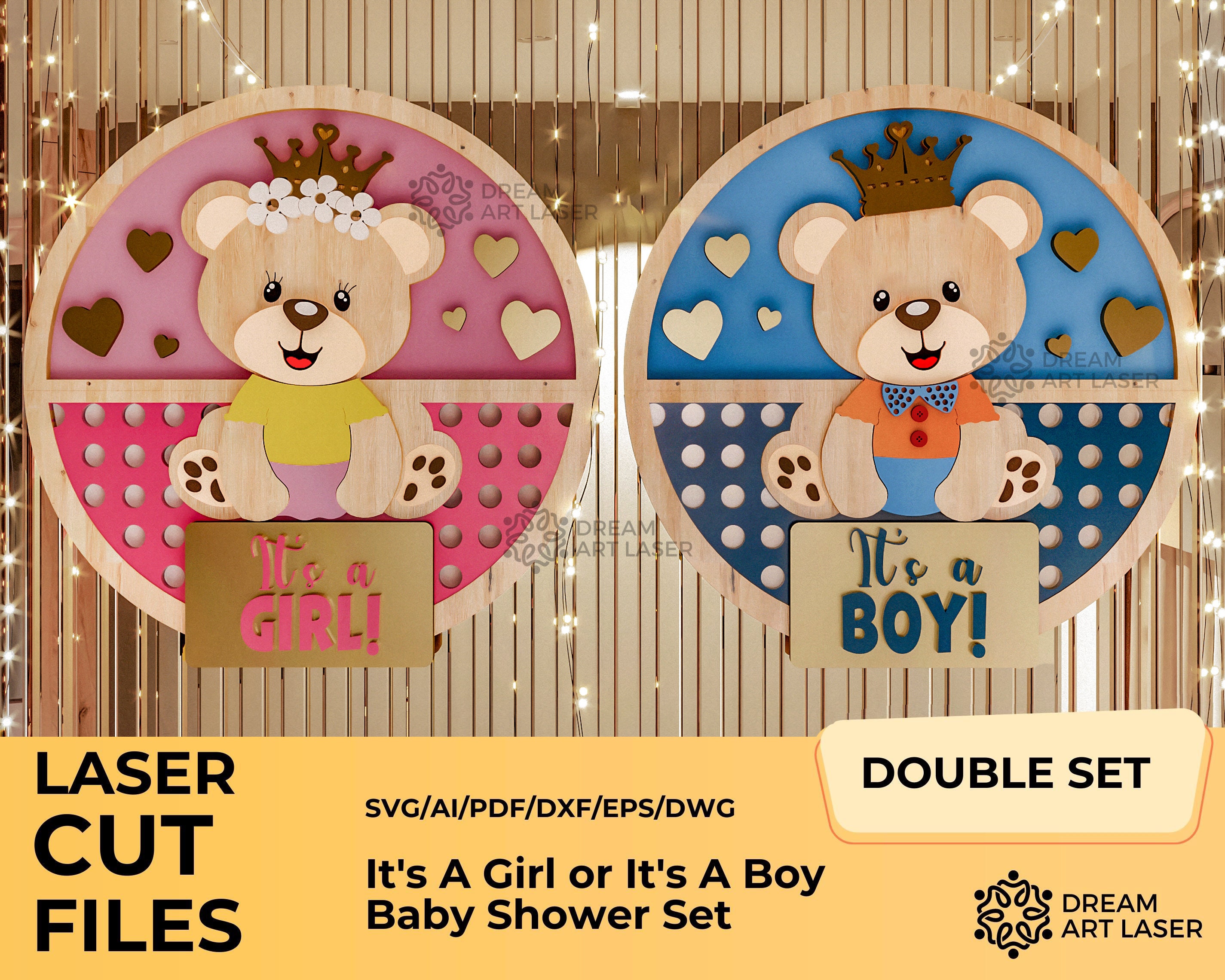Baby Shower laser cut file, gender reveal party cricut, baby double set, it's a boy it's a girl sign laser , nursery glowforge 2 zip