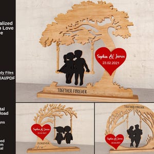 Puede incluir: Árbol de amor de madera personalizado con un diseño cortado con láser. El árbol presenta un corazón con nombres y una fecha, y una silueta de una pareja en un columpio. La base dice "TOGETHER FOREVER". El diseño es para material de 3 mm.