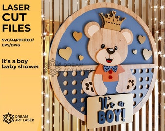 Layered baby shower cut file, baby boy sign for cricut, it&#39;s a boy hanger dxf, baby shower glowforge, nursery baby cut, teddy bear laser cut