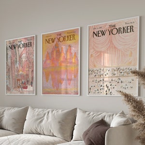 New Yorker Magazine Cover Set Of 3, Pink New Yorker Posters, Trendy Retro Wall Art Set, New Yorker Print Set, Vintage New Yorker Cover Art