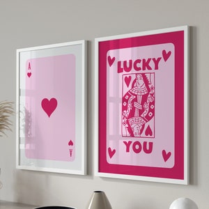 Trendy Lucky You Wall Art Set, Retro Pink Ace Poster, Preppy y2k Room Decor Aesthetic Print, Lucky You Poster, Funky Dorm Decor