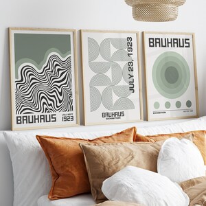 Set of 3 Bauhaus Exhibition Poster, Soft Sage Green Bauhaus Print Set, Modern Bauhaus Wall Art, Bauhaus Art Gallery Wall Set of 3