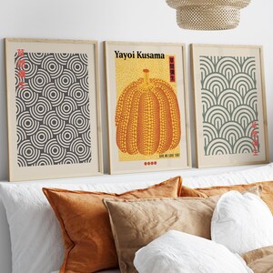 Set of 3 Yayoi Kusama Print Japanese Wall Art, Yayoi Kusama Pumpkin Poster, Pop Art Exhibition, Triptych Wall Decor, Modern Abstract Set