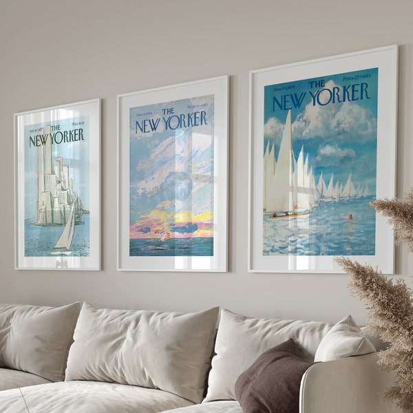 New Yorker Magazine Cover Poster Set of 3 Trendy Retro Wall Art, Light Blue New Yorker Posters, Vintage New Yorker Print, Magazine Cover Art