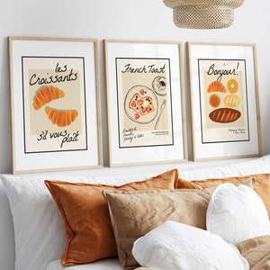 French Cuisine and Paris Flavors Kitchen Wall Art Set of 3 A Culinary Canvas of Croissants and Good Mornings in the Charming Bakery of Paris