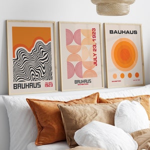 Orange Bauhaus Wall Art Set of 3, Bauhaus Print, Bauhaus Exhibition Poster, Abstract Wall Art, Minimalist Bauhaus Designs, Museum Poster Set