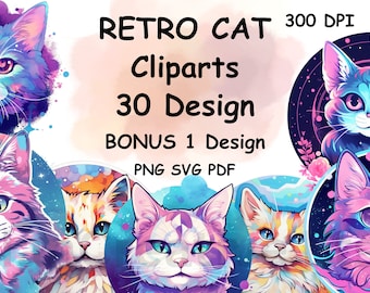 Puede incluir: Un conjunto de 30 diseños de clip art de gatos retro, más un diseño de bonificación. Los gatos están ilustrados en un estilo acuarela colorido con un fondo de galaxia. Los diseños están disponibles en formatos PNG, SVG y PDF.