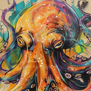 Graffiti Tintenfisch Kunstwerk Poster - Lebendige Octopus Malerei Druck - Moderne Meeresleben Wanddekoration
