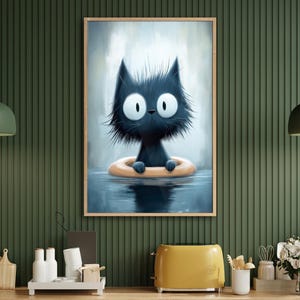 Soaked Black Cat Fine Art Print – Funny Animal Wall Art, Cute Bathroom Decor, Whimsical Cat Poster, Aesthetic Home Decor, Anniversary Gift