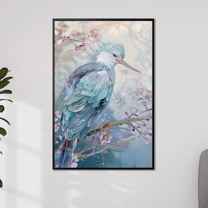 Stampa d'arte Kingfisher, Incantevole decorazione da parete per uccelli, Poster di uccelli fantasy, Arte dell'albero in fiore rosa, Regalo per gli amanti della natura, Opere d'arte di uccelli magici