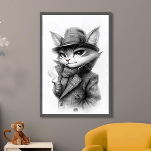 Lámina artística de Detective Cat Noir: boceto elegante de un gato fumando con gabardina, arte de pared animal extravagante para amantes de los gatos