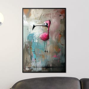 Skurriler Flamingo Kunstdruck – Moderne Illustration als Wanddeko für Wohnzimmer oder Büro, abstraktes Wandbild, Giclée für Tierliebhaber