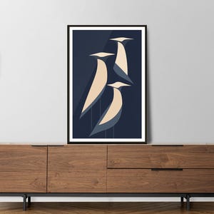 Impresión de arte minimalista de pájaros, póster geométrico de pájaros del lago, decoración de pared de animales escandinavos, ilustración abstracta moderna de pájaros, pájaros en el lago