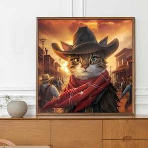 Cat Wall Art Cowboy Cat Poster | Funny Animal Print | Wild West Decor | Rustic Wall Art | Film & Cat Lover Gift | Children Room Decor
