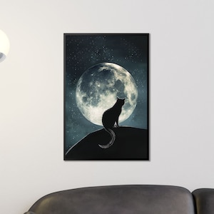 Mystische Mondkatze Kunstdruck, Himmlische Katze Wanddeko, Mondverbundene Katze Poster, Sternenhimmel Kunst, Geschenk für Katzenliebhaber