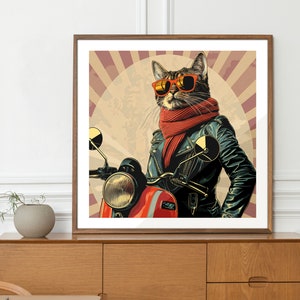 Póster retro de gato en scooter, arte felino, decoración de pared moderna, regalo único para amantes de los gatos, estampado animal con estilo, estilo vintage de los años 60.