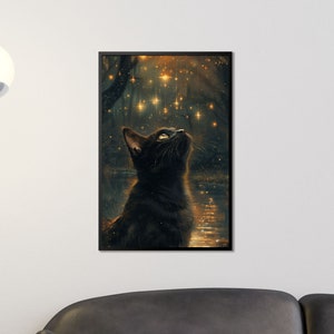 Mystische Schwarze Katze und Glühwürmchen Kunstdruck, Magischer Nachtwald Wanddeko, Bezauberndes Katzenposter, Glühwürmchen Lichter