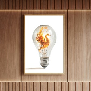 Fiery Phoenix Light Bulb Art - Unique Home Decor, Handcrafted Glass Lightbulb with Vibrant Flaming Phoenix Design, Inspirational Gift Idea