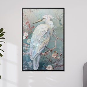 Reiher Kunstdruck, ruhige Vogel-Wanddeko, Japanisch inspirierter Kranich Poster, Naturliebhaber Geschenk