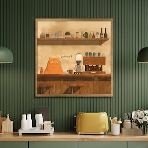 Gato en una cafetería: póster divertido de gato para la cocina, arte para amantes del café, arte mural de gato adorable, decoración de cocina con animales, regalo para amantes de los gatos.