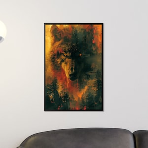 Fiery Wolf Art Print, Majestic Wolf Wall Decor, Intense Animal Poster, Wilderness Spirit, Nature Lover Gift, Wild Animal Art, Forest Fire