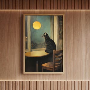 Café Cat No. 5 Poster Katze Wandkunst | Gemütliches Katzenposter | Nachtfenster-Szene | Urbanes Katzenkunstwerk | Geschenk für Katzenfans