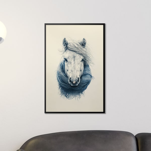 Unique Horse Wall Art with Scarf, Preppy Bedroom Decor, Trendy Art Print for Living Room, Large Wall Poster, Blue Monochrome Home Decor Gift