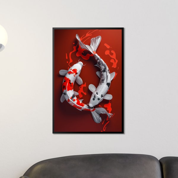 Yin und Yang - Koi-Fische Tanz Poster auf Rot - Zen Aquatische Kunst - Meditations-Wandkunst - Spirituelle Heim-Dekoration