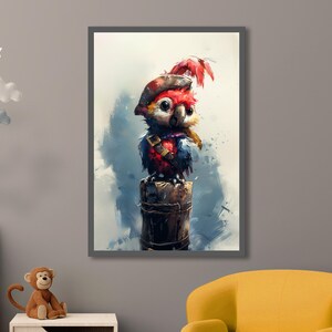 Cartel de loro pirata - Impresión de arte de pájaro caprichoso, decoración de pared náutica, obras de arte de animales para la habitación de los niños, decoración de la sala de juegos