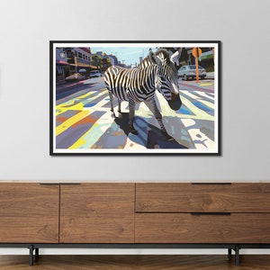 Zebra Art Vibrant Animal Poster "Stripes on the Strip" - Colorful Urban Wall Decor Gift for Art Lovers Unique Home Art, Creative Wall Art