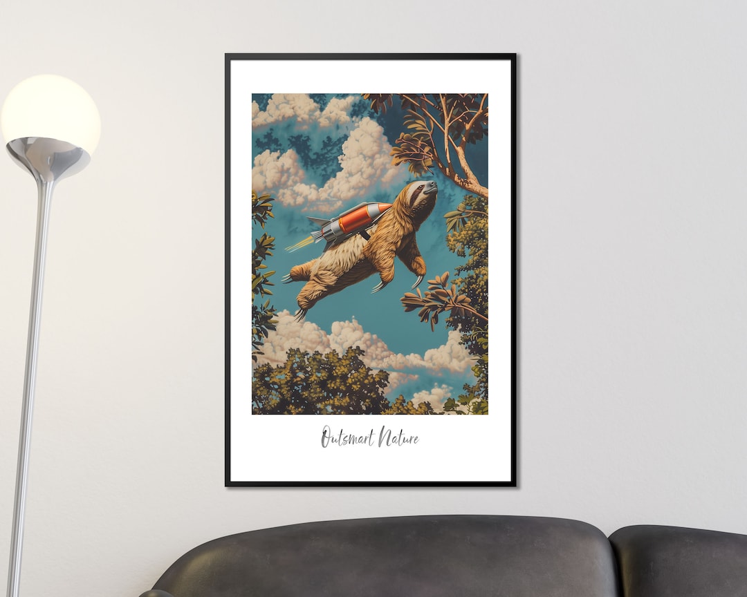 Surreal Sloth With Rocket Art Print Whimsical and Fun Nature ...