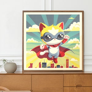 Superheld kat poster kunst aan de muur, leuke cartoon kunst aan de muur, kinderkamer decor, dierlijke superheld print, grappig kunstcadeau