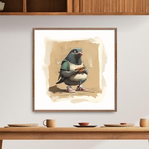 Póster de arte callejero con palomas divertidas, arte mural con animales urbanos, impresión de dibujos animados de pájaros, decoración peculiar con palomas, ilustración de estilo callejero - Street Life