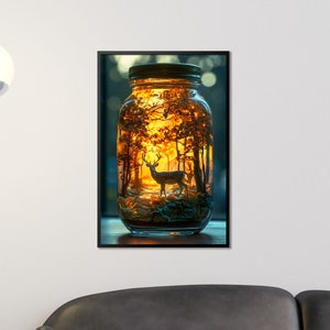 Verzauberter Wald im Glas Kunstdruck, Magische Natur Wanddeko, Wunderschönes Wald Poster, Glühwürmchenglas, Märchenlichter
