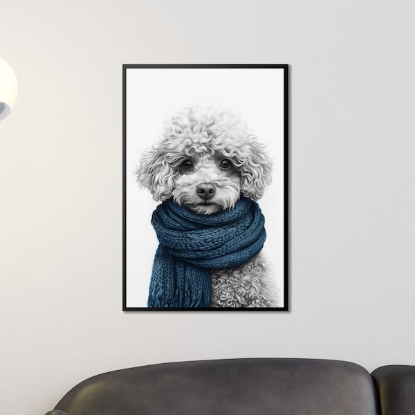 Poodle with Blue Scarf Art Print, Preppy Wall Art for Bedroom Decor, Large Living Room Wall Poster, Housewarming Gift, Unique Home Decor