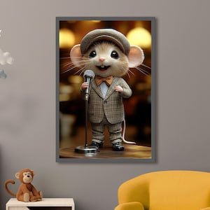 Impresión artística de un encantador ratón cantante: adorable ratón con traje y micrófono, arte de pared animal caprichoso para amantes de la música