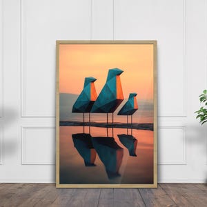 Stampa murale con uccelli geometrici, poster con tramonto sul lago, stampa moderna sulla natura, regalo per gli amanti dell'arte, uccelli con poligoni verticali / uccelli al tramonto