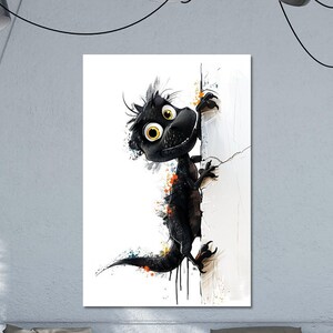 Dinosaurio trepador: decoración de pared divertida y vibrante para mascotas, póster premium, impresión artística, ilustración abstracta