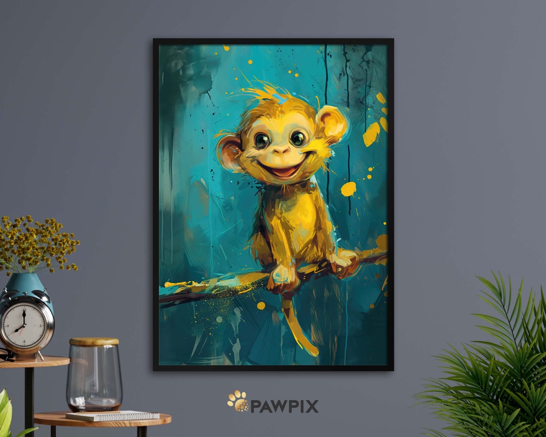 Printable Happy Monkey Painting, Blue and Gold Watercolor Art Print