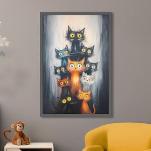 Middernacht kattenkwaad – kleurrijke kattenbende Art Print, speelse kattenposter, grillige katachtige muurdecoratie, cadeau voor kattenliefhebbers en kunstliefhebbers