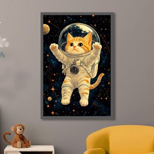 Niedliches Weltraumkatzen Poster - Süße Astronauten Katze Illustration, Perfektes Geschenk für Katzenliebhaber, Lustige Tier Wandkunst