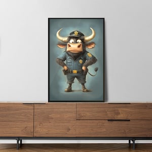 Póster de policía con toro para pared, divertido póster de policía con animales, decoración divertida para niños y adultos, póster de policía con toro, colección Perfect Job, decoración de pared con humor