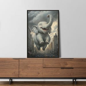 Flying Elephant Wall Art | Cute Animal Poster | Surreal Urban Decor | Art Gift for Animal Lovers Flying Elephant No. 2