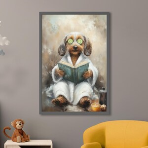 Relaxing Dachshund Spa Day Art Print – Funny Dog Wall Art, Quirky Animal Decor, Spa Poster for Bathroom or Living Room, Gift for Dog Lovers