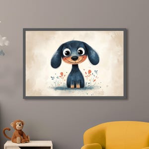 Smiling Dog Art Print, Cute Dachshund Cartoon Poster, Wall Art, Playful Animal Nursery Decor, Adorable Dog Illustration, Kids Room Wall Art