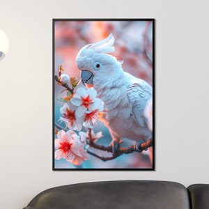 Majestuosa impresión de arte de cacatúa blanca, decoración de pared de pájaro sereno, elegante cartel de cacatúa, arte de pájaro de flor rosa, regalo amante de la naturaleza