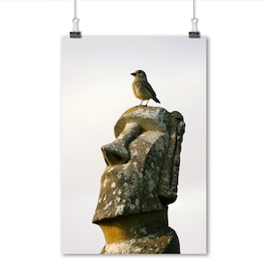 Poster di uccelli Moai, statua dell'Isola di Pasqua, arte murale / Stampa fotografica naturalistica unica / Decorazione culturale / Moai con arte di uccelli